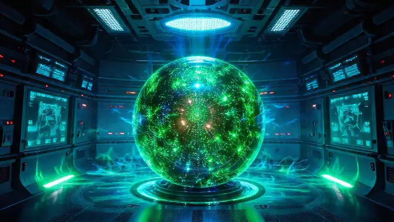 Esfera de energía brillante en contención futurista