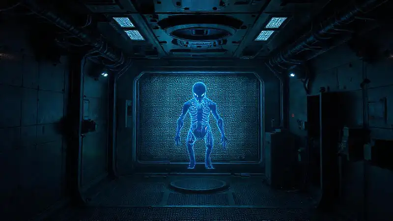 Cámara de contención futurista con entidad luminosa