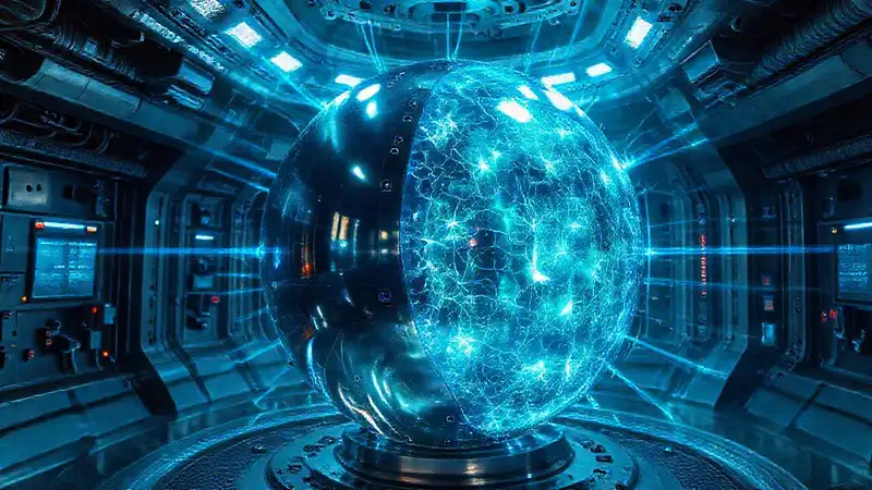 Esfera metálica brillante en cámara futurista