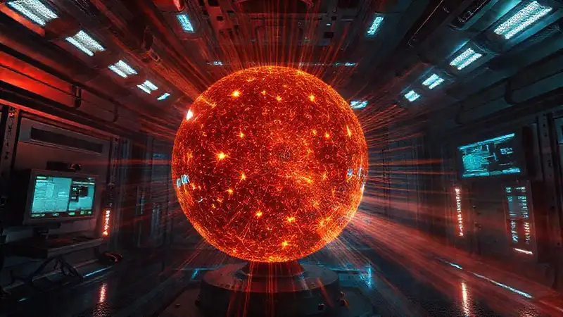 Entidad esférica luminosa en cámara futurista