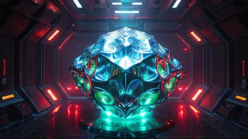 Superficie fractal brillante en contexto futurista
