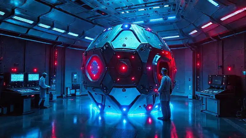 Estructura metálica misteriosa en recinto seguro futurista