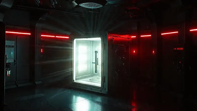 Cuarto de contención, cubo metálico, tecnología futurista