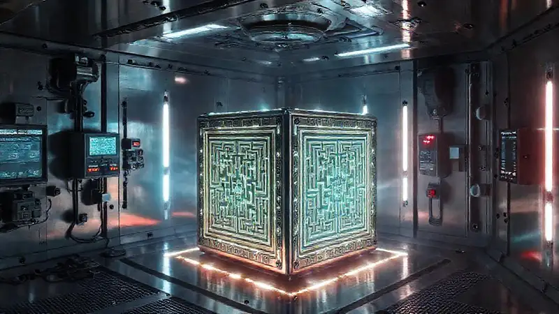Cubículo metálico misterioso con energía y sensores