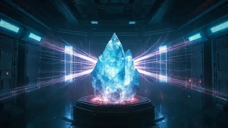 Estructura cristalina luminosa en laboratorio futurista