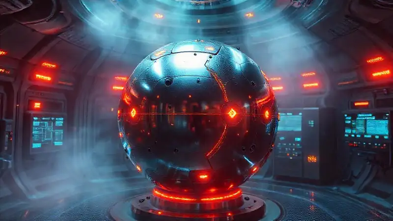 Esfera metálica en cámara futurista segura