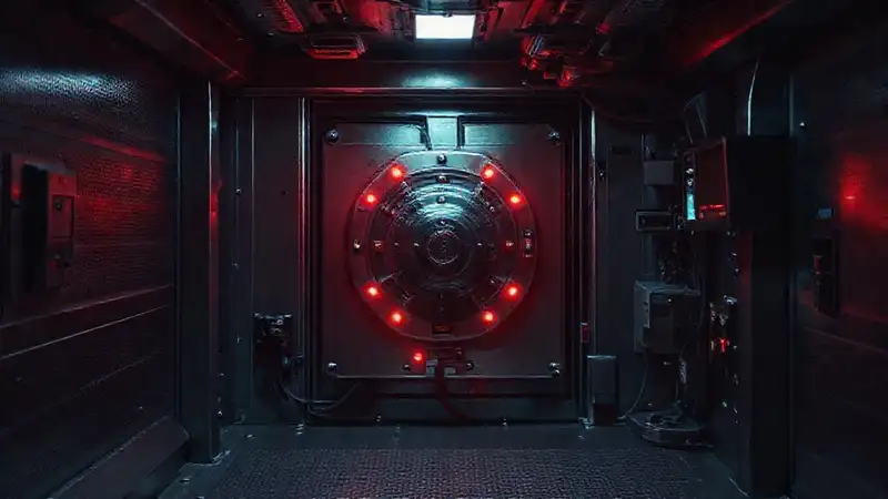 Sala segura con tecnología y atmósfera inquietante