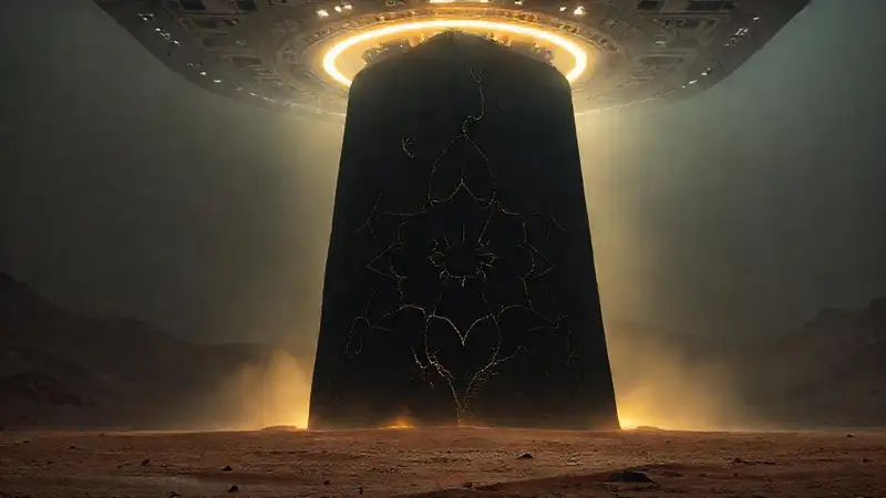Monolito misterioso con patrones fractales y energía