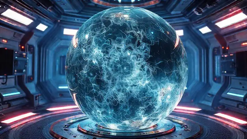 Esfera fractal brillante en sala futurista científica