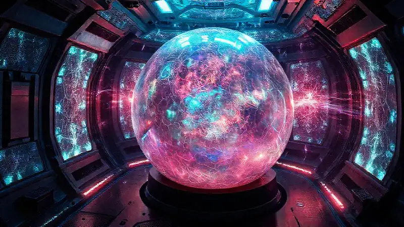 Esfera iridiscente con patrones y energía futurista