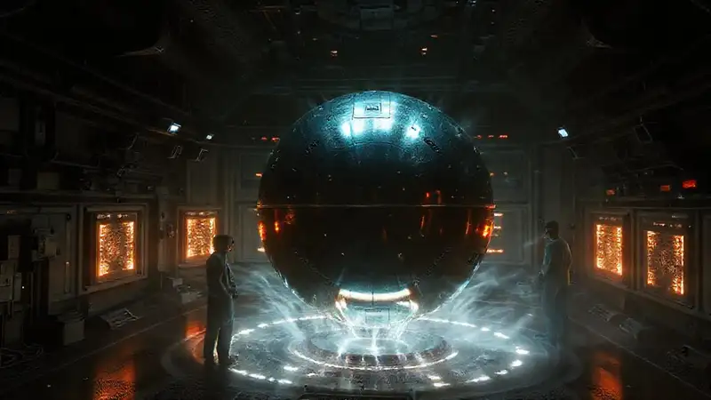 Esfera metálica con energía en sala futurista