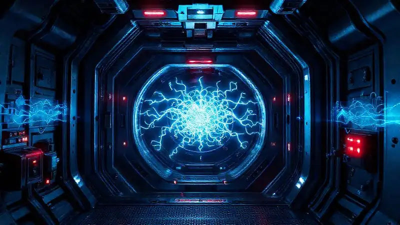 Cámara futurista con patrones neurales y advertencias