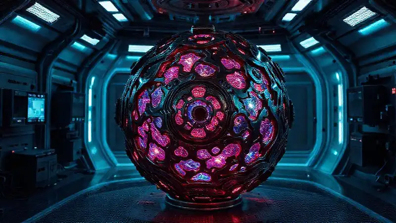 Esfera metálica fractal en laboratorio futurista