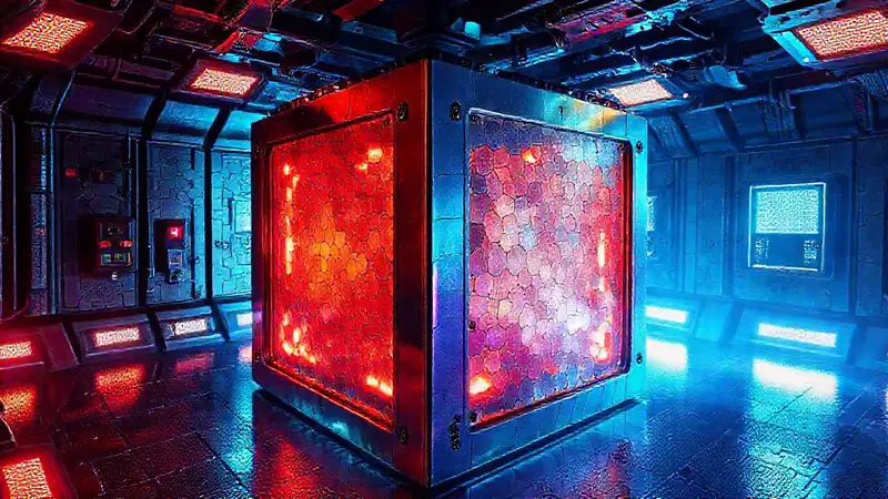 Cubo metálico futurista con mosaico y seguridad