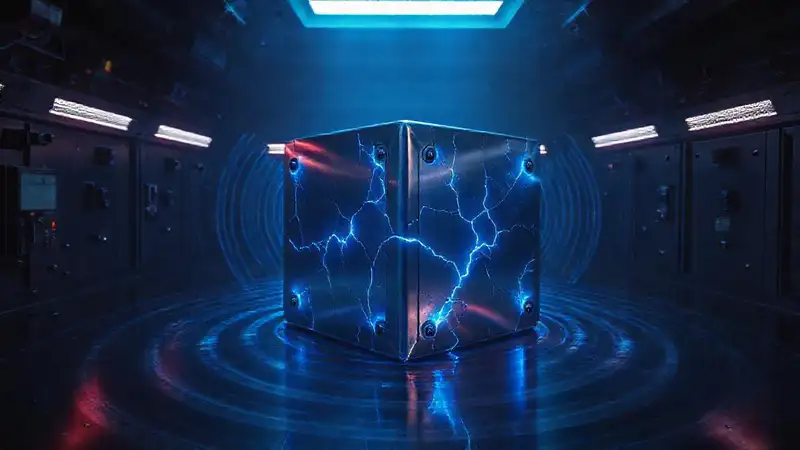 Cubo metálico luminoso en entorno futurista peligroso