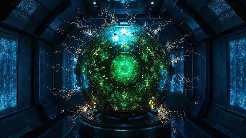 Esfera metálica luminosa en contención científica