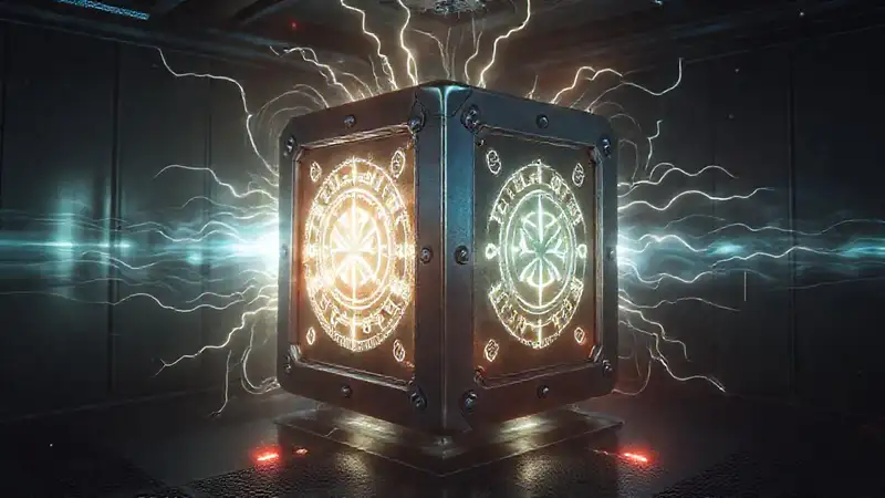 Cubo metálico con símbolos y energía misteriosa