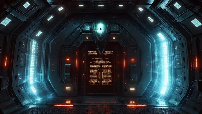 Estructura alienígena luminosa en cámara futurista