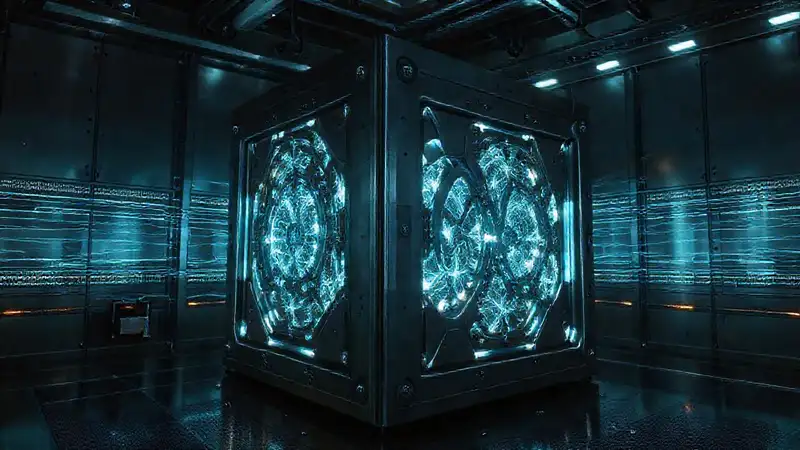 Átomo metálico brillante en cámara futurista