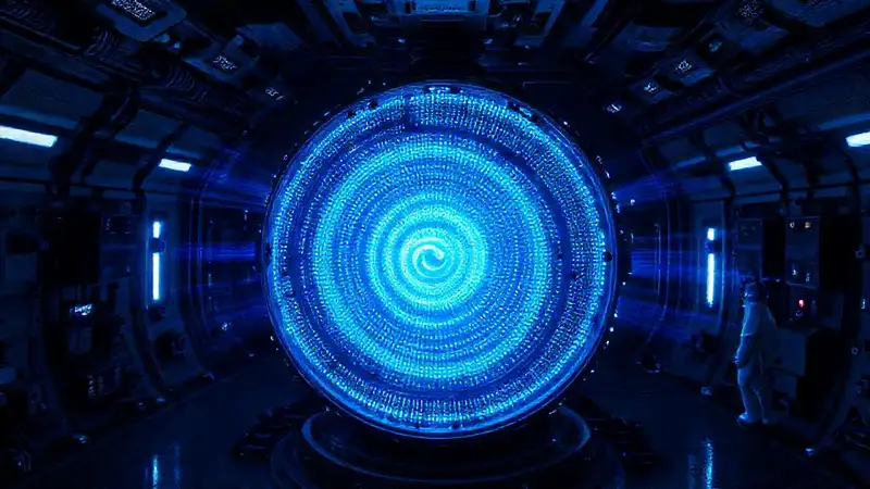 Estructura esférica luminosa en laboratorio futurista