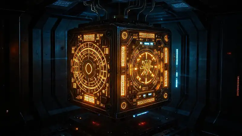 Dispositivo futurista con símbolos y campos electromagnéticos