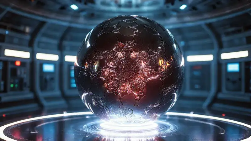 Esfera metálica brillante en laboratorio futurista