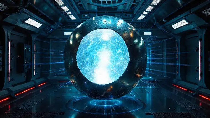 Esfera metálica iridiscente en contención futurista