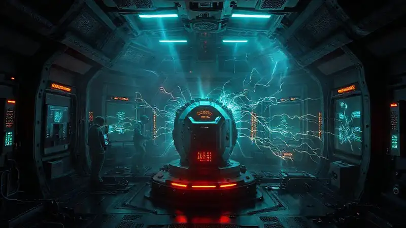 Cápsula futurista con campos electromagnéticos vibrantes