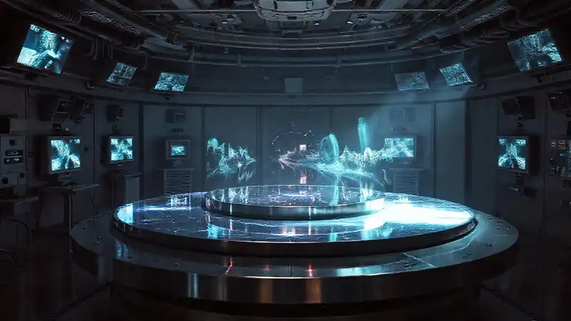 Plataforma metálica reflejando realidades alternativas misteriosas