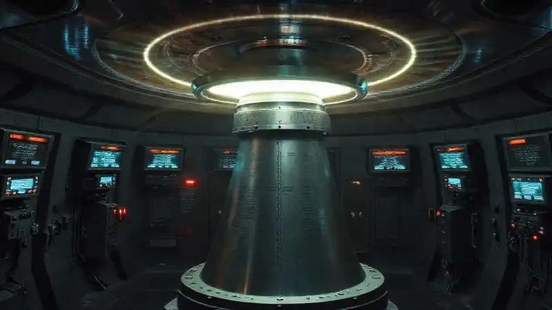 Estructura metálica misteriosa en calabozo futurista