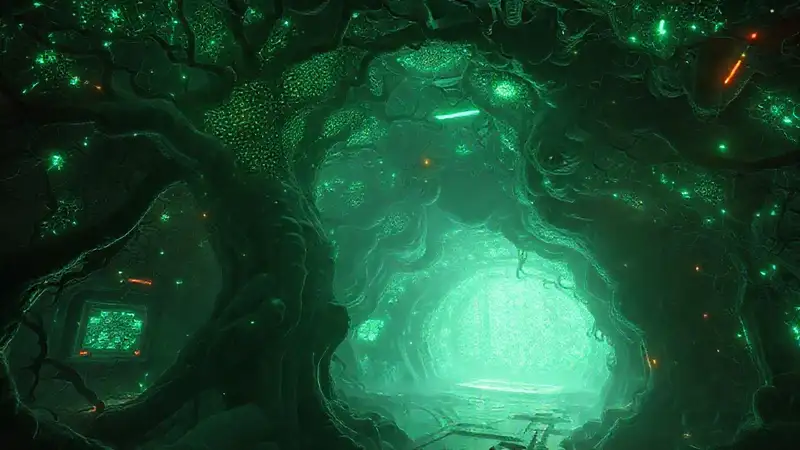 Estructura orgánica biomimética en ambiente futurista