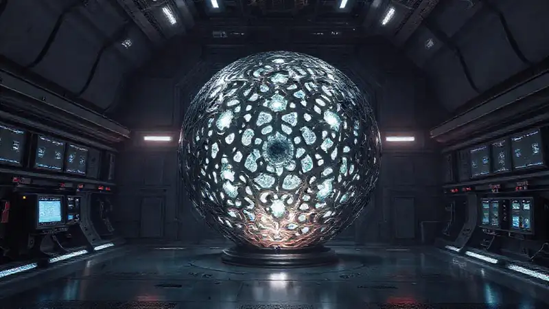 Esfera metálica fractal en laboratorio futurista