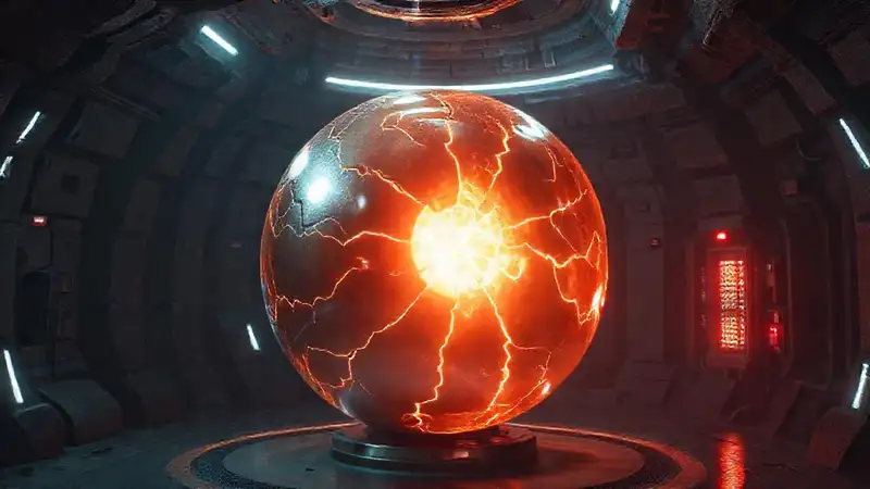 Esfera metálica brillante en cámara segura futurista