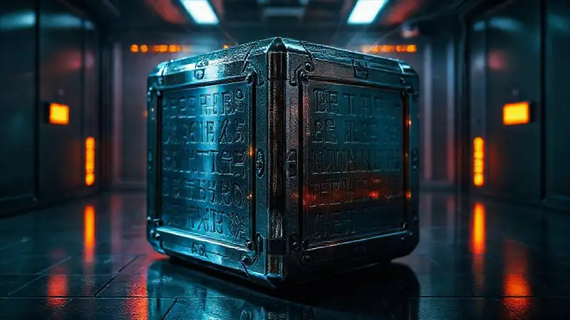Cubo metálico con inscripciones, en protección