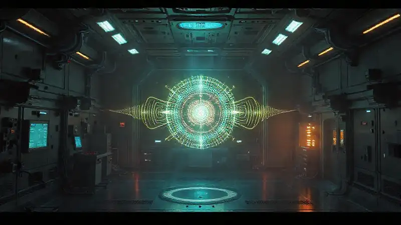 Laboratorio futurista con anomalía luminosa y sonora