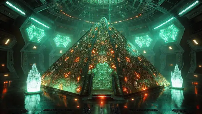 Pirámide metálica futurista y misteriosa