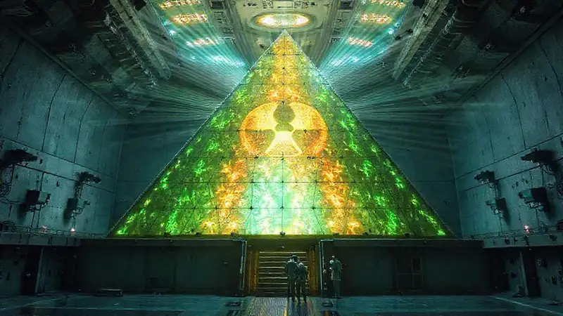 Estructura metálica futurista con patrones brillantes