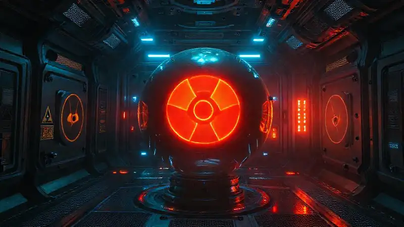 Esfera luminosa en entorno futurista de peligro