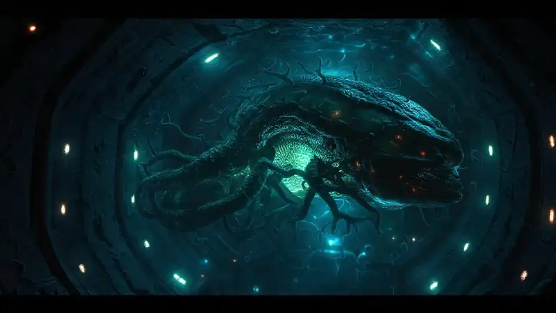 Estructura biológica luminosa en cámara futurista