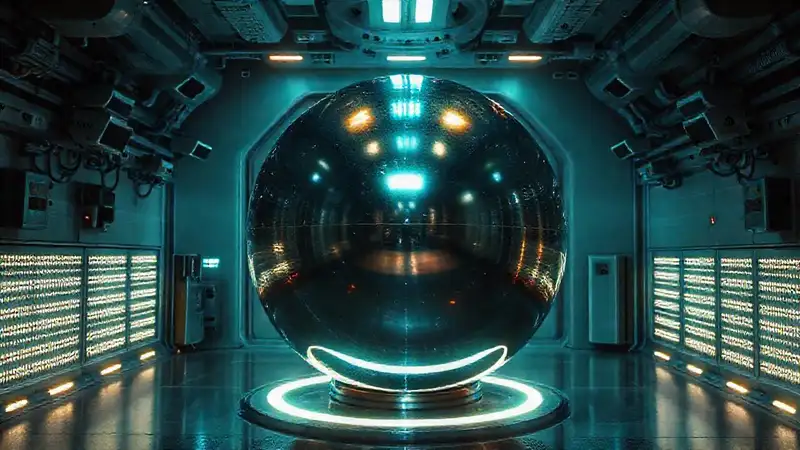 Esfera metálica brillante en prisión futurista