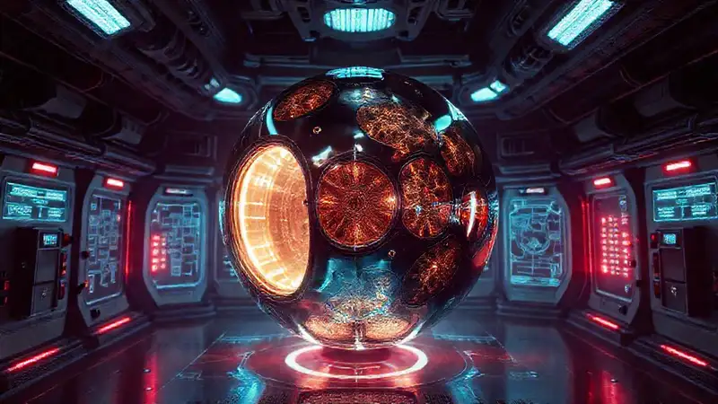 Esfera luminosa en entorno futurista de contención
