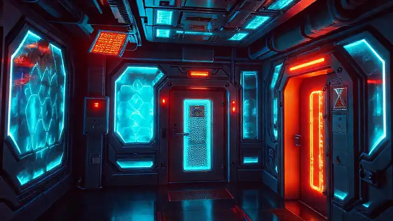 Cámara futurista con patrones y advertencias luminosas