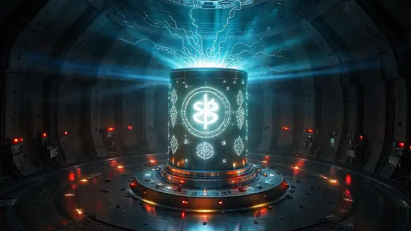 Estructura cilindrica electromagnética con símbolos luminiscentes