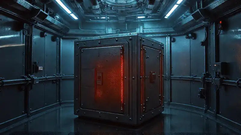 Cubículo metálico con energía misteriosa y seguridad