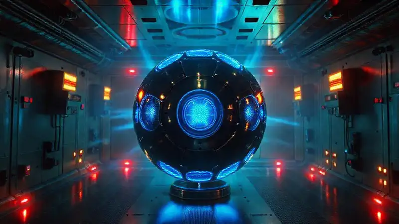 Esfera metálica luminosa en sala de seguridad