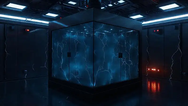 Cubo negro con energía y ambiente ominoso