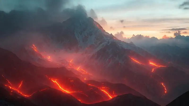 Paisaje montañoso remoto con efectos atmosféricos
