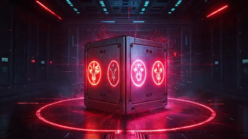 Cubo metálico con símbolos y seguridad futurista