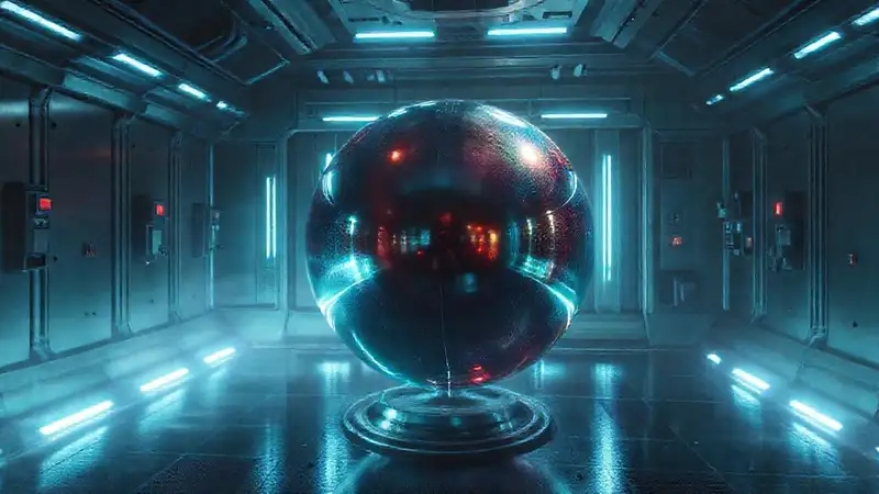 Esfera metálica brillante en sala futurista segura