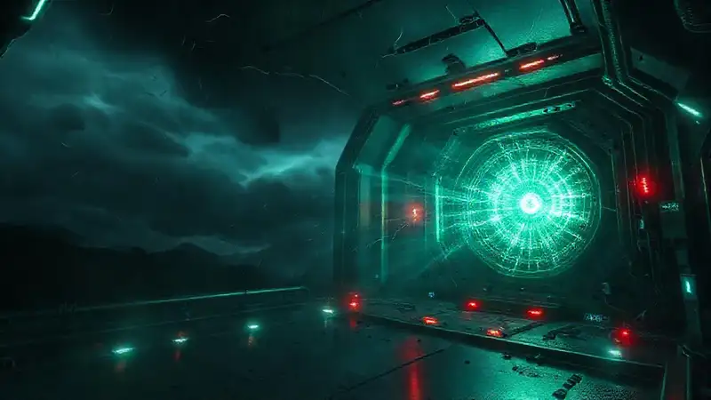 Entorno futurista con energía luminosa y alerta